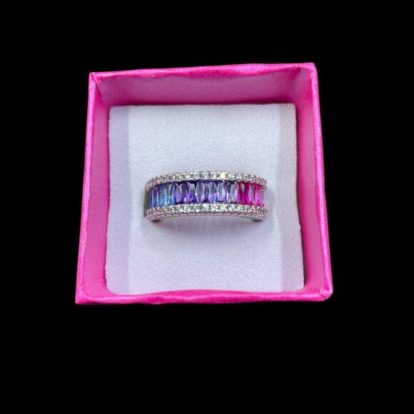 Rainbow Baguette Eternity Ring Silver Plated Size 6 Pride Y2K Bling Statement Gi - Picture 9 of 9